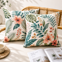 Housse de coussin OEM à imprimé végétal tropical, motif personnalisé Hibiscus et perroquet, texture douce