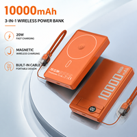 Batteries externes sans fil 3 en 1, mini ultra-minces, 10000 mAh, magnétiques, portables, charge rapide 20W, support de téléphone, câble intégré