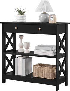 Table console <span class=keywords><strong>tiroir</strong></span> étagères de rangement table de canapé en bois mince pour couloir entrée salon pour petits espaces noir - Product Image 1