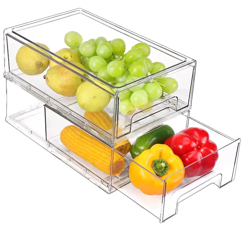 2er Pack Obst Gemüse Lebensmittel klar stapelbar herausziehen Kühlschrank Organizer Kühlschrank Kunststoff Speisekammer Lagerplätze Schubladen