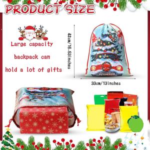 Sac à cordon personnalisé rouge en non-tissé avec motif sapin de Noël et flocons de neige pour cadeaux et friandises du Père Noël - Product Image 2