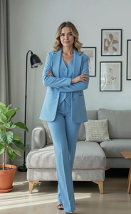 Women’s Sky Blue Three Piece Pant Suit Elegant Tailored Blazer Vest and Trousers <b>Set</b> Premium Formal <b>Office</b> Wear Business Suit - Product Image 3