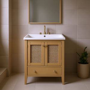 Mueble de Baño con Lavabo de Cerámica de 24 Pulgadas, Estructura Sólida, Gabinete de Ratán con Dos Puertas y Cajón, Acabado Natural, de Pie - Product Image 2