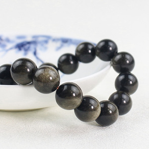 Natural Obsidian <b>Bracelet</b> 10mm 18 Beads Black <b>Crystal</b> Geometric Ball Shape Gift Jewelry - Product Image 2