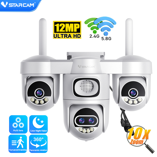 CS623ZS 1080P Quad Lens CCTV AI Tracking PTZ Security Camera Pan Tilt Zoom Function Full Color Night Vision Outdoor Surveillance