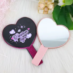 Wholesale Souvenir Heart Diamonds Mirror Custom Your Logo Promotion Gift Makeup Mirrors Portable Handle Mirror