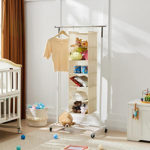 6 Tier Hanging Closet Organizer Cloth <b>Shelf</b> With 2 <b>Hooks</b> Foldable Storage For Bedroom Beige 33x15x85cm Non Woven Fabric - Product Image 6