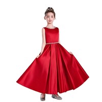 Gaun Formal Tanpa Lengan Merah untuk Anak Perempuan dengan Hiasan Berlian Imitasi untuk Pertunjukan Panggung dan Pembacaan Puisi