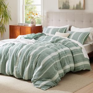 100% Cotton Waffle Weave 3 - Piece Duvet Cover Set <strong>Green</strong> and White <strong>Stripes</strong> Durable Textured Cozy for Bedroom Modern Chic <strong>Bedding</strong> - Product Image 1
