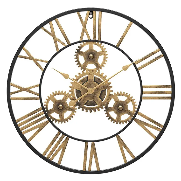 Round Vintage Oversized Industrial Metal Moving Gear Wall Clock