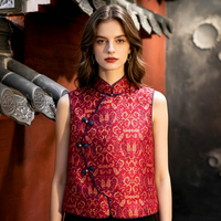 Nouvelle veste sans manches ample en soie de mûrier et brocart Shu, style chinois, rouge festif, col rond, pour femme 5560