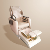 Fauteuil de pédicure de luxe beige réglable et matelassé avec bassin doré, inclinaison électrique, massage des pieds, lampe LED 7 couleurs, vibration/pétrissage