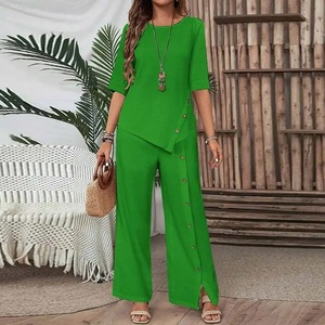 Conjunto de Dos Piezas para <span class=keywords><strong>Mujer</strong></span>, Nuevo Modelo 2026, Top con Botones y Dobladillo Irregular y Pantalones Anchos, Estilo Casual y Holgado - Product Image 3