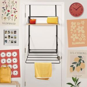 Laundry Cloth Coat Hanging Rack Drying Stand Rack Over-The-Door Compact Collapsible Drying Rack With Extra Black Walnut Shelf - Product Image 5