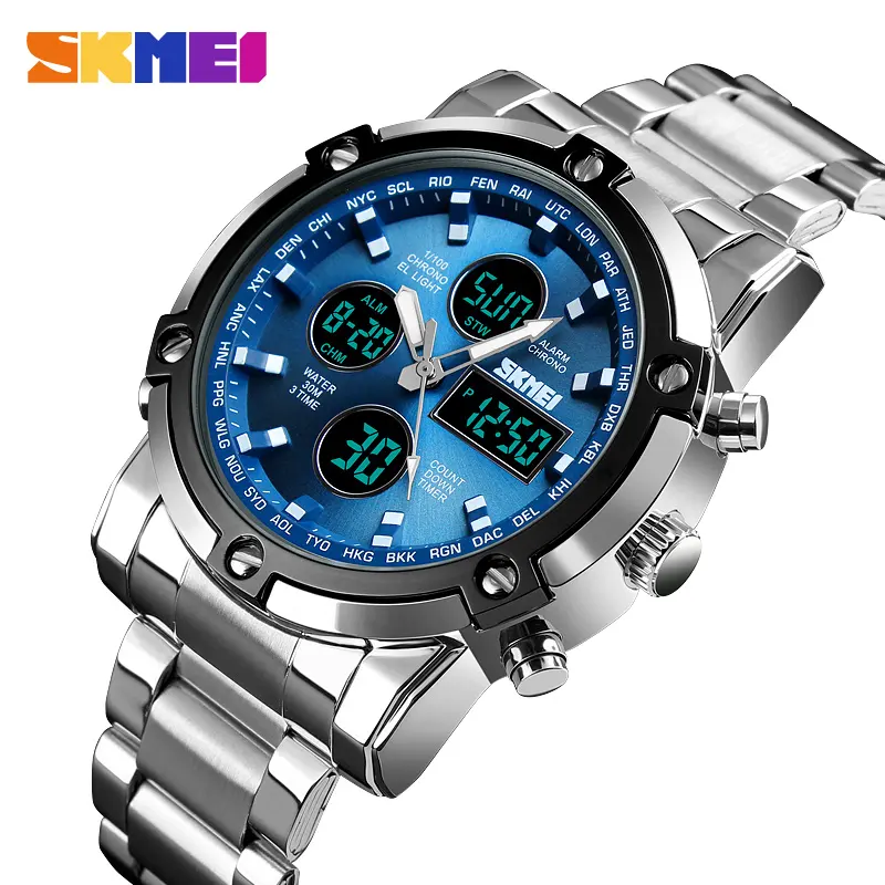 SKMEI Digital Quartz Watch Men Three Time Quartz Wrist Mens Watch Countdown Steel Strap Wristwatch Clock Relogio Masculino 1389