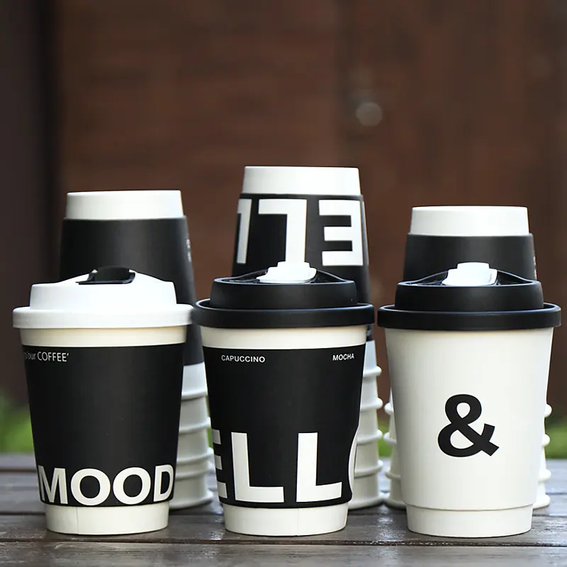8Oz 20Oz Groothandel Op Maat Gemaakt Logo Wegwerp Koffie Papier Beker Geïsoleerd Dubbele Muur Koffiepapier Beker Voor Warme Dranken Met Deksels