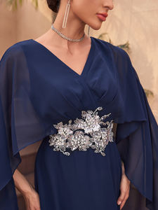 Vestido de noche formal azul bordado y con cuentas de manga larga con cuello en V de lujo hecho a medida con tren de barrido para graduación y fiesta - Product Image 4