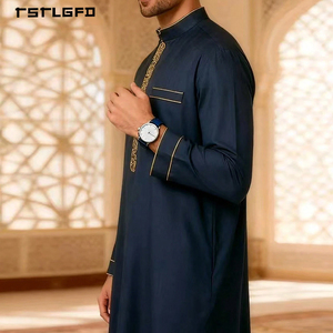 <b>Men</b> Navy Blue <b>Thobe</b> Gold Thread Chain Embroidery Stand Collar Long Sleeve Loose Full-Length Saudi Islamic Modest Formal Robe - Product Image 2