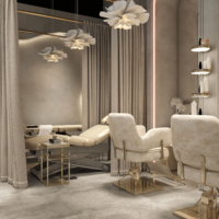 Design d'intérieur de salon de beauté de luxe avec postes de soins et mobilier d'aire de réception pour entreprise de spa