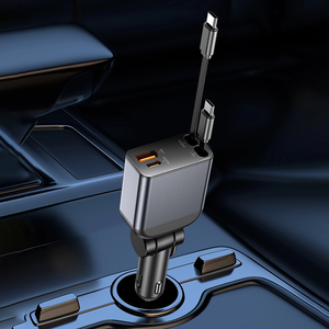 fast retractable car charger <b>type</b> <b>c</b> car charger fast charge pd 2 retractable 4 in 1 cables and usb port car charger <b>adapter</b> - Product Image 3