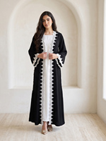 Abaya noire ouverte Hafizah en gros avec dentelle crochet blanche, robe musulmane pour femme, ouverture frontale, manches, style Dubaï, robe islamique modeste, Aïd