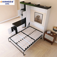 Lit mural vertical moderne et peu encombrant avec bureau intégré et étagère, design modulaire pliable, panneaux en bois de pin et mélamine, facile à assembler