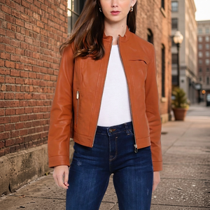 Women's Genuine New Skin Leather Jacket Classic Stand Collar Vintage Distressed Look <b>Quilted</b> Leather Jacket - Product Image 1