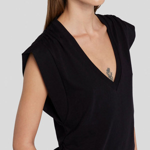 Lỏng lẻo v-cổ Vai giảm armhole TEE cong HEM bên ruching 100% cotton thoáng khí chống Đóng cọc phong cách giản dị OEM đen - Product Image 6