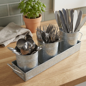 Juego de 3 Portautensilios de Metal Galvanizado con Bandeja, Estilo Rústico, Color Plateado, Aptos para Lavavajillas, Ecológicos - Product Image 2