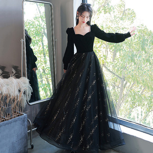 Black Evening Gown Sweetheart Neckline Long Sleeve Elegant For Banquet Art Exam 2026 Spring Dress - Product Image 3