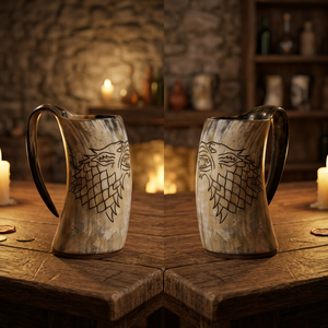 B.S. Tazas de Cerveza de Estilo Americano Vintage con Diseño de Cuernos de Buey, Ecológicas, Aptas para Lavavajillas, Duraderas, para Camping, con Tapa de Bambú - Product Image 1