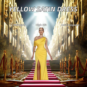 Vestidos de Noche Largos de Satén Hechos a Mano, Modernos y Naturales, de Alta Calidad, con un Hombro Descubierto, Corte Sirena, Ajustados al Cuerpo, Color Amarillo - Product Image 2