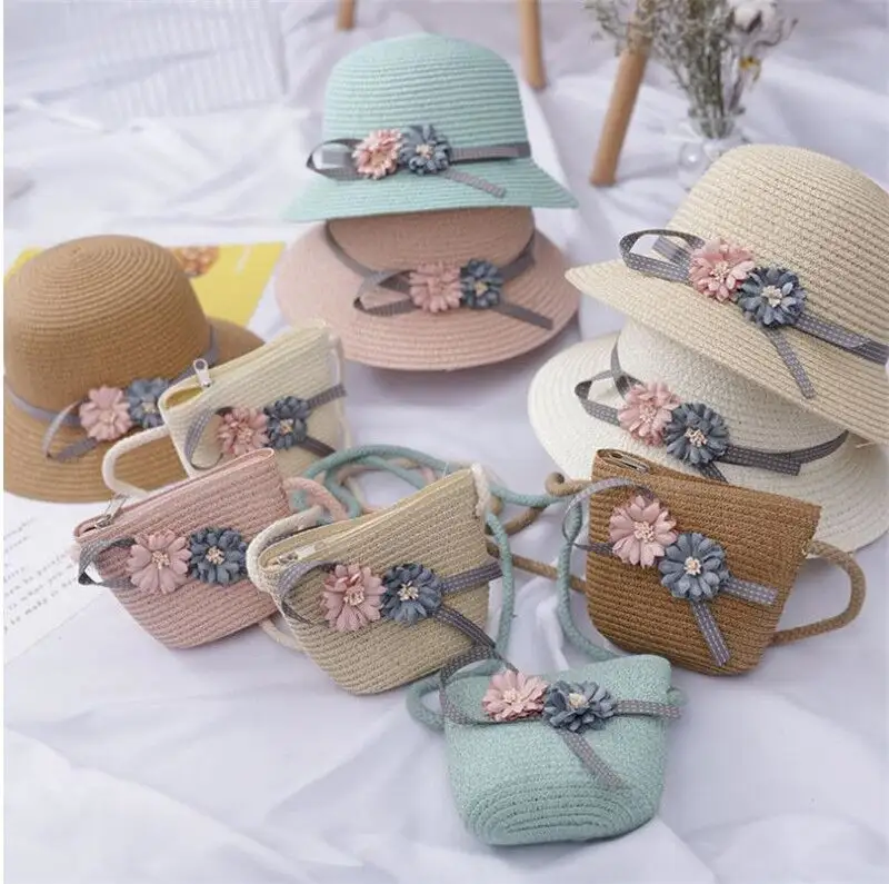Прозрачная Панама и сумочка, летняя Солнцезащитная шляпа для девочек, детская пляжная шляпа, сумка-тоут с цветком, сумочки, костюм, детские соломенные шляпы