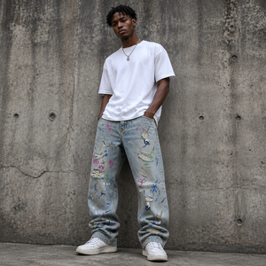 Vaqueros anchos de mezclilla para hombre, estilo hip hop, pintados a mano, rasgados, de tiro medio, lavables, de algodón, para otoño - Product Image 2