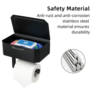 Bathroom Modern Style Metal Stainless Steel Black Phone Shelf Lid Storage Box Toilet Paper Holder With Storage