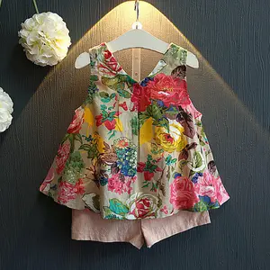Set Pakaian Indah Musim Panas Anak Perempuan, Setelan Dua Potong Mewah untuk Anak Perempuan dengan Pola Bunga