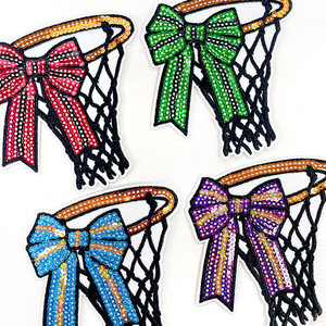 Pailletten-Basketballkorb-Schleifen-Aufnäher, Coquette Gameday Bügelbilder für Basketballmütter, Stickapplikationen für Taschen und Jacken - Product Image 1