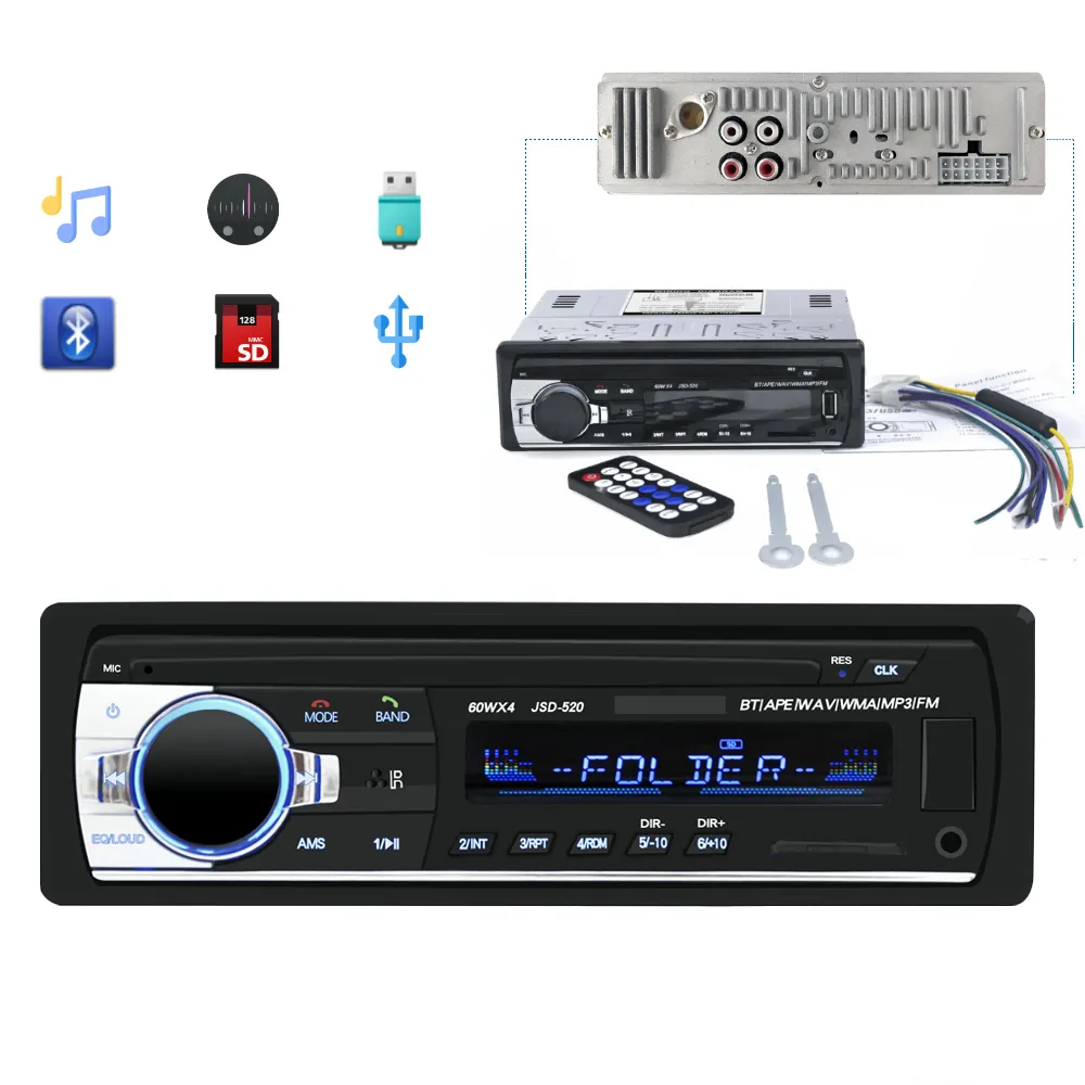 Descarga inalámbrica de alta calidad Radio para vehículo Mp3 reproductor de Sistema de música para coche USB FM EQ AUX SD Bluetooth 1 DIN Radio para coche