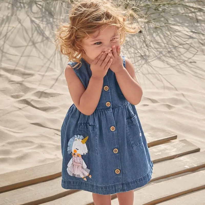 Hot Selling Cartoon Embroidery Kids Fashion Dress Cotton Button Blue Denim Girls Dress Summer Kids' Dress