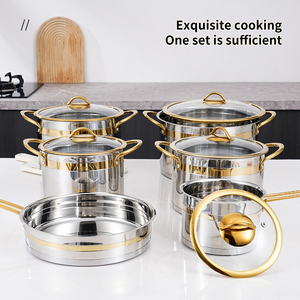 <span class=keywords><strong>Set</strong></span> di <span class=keywords><strong>pentole</strong></span> in acciaio inossidabile da 11 pezzi con copertura in vetro dorato e manico in oro, compatibile con <span class=keywords><strong>pentole</strong></span> multiuso - Product Image 6