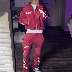 カスタム特大ヘビー級フリースヴィンテージパフプリント日焼けした刺繍パッチメンズランニングパーカーセットトラックスーツ - Product Image 1