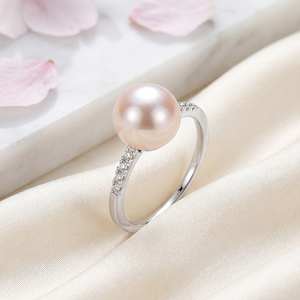 Copper Pink Freshwater Pearl Ring CZ Shoulder Pave Solitaire Elegant Pearl Jewelry for Women Wedding Engagement <b>Gift</b> - Product Image 4