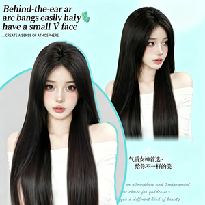 วิกผมลูกไม้แบบคล้องมือสำหรับผู้หญิง สีดำ <span class=keywords><strong>ผม</strong></span><span class=keywords><strong>ยาว</strong></span>ตรงเป็นธรรมชาติและสมจริง ทำจากไหมทนความร้อนสูง ปิดคลุมทั้งศีรษะ - Product Image 3