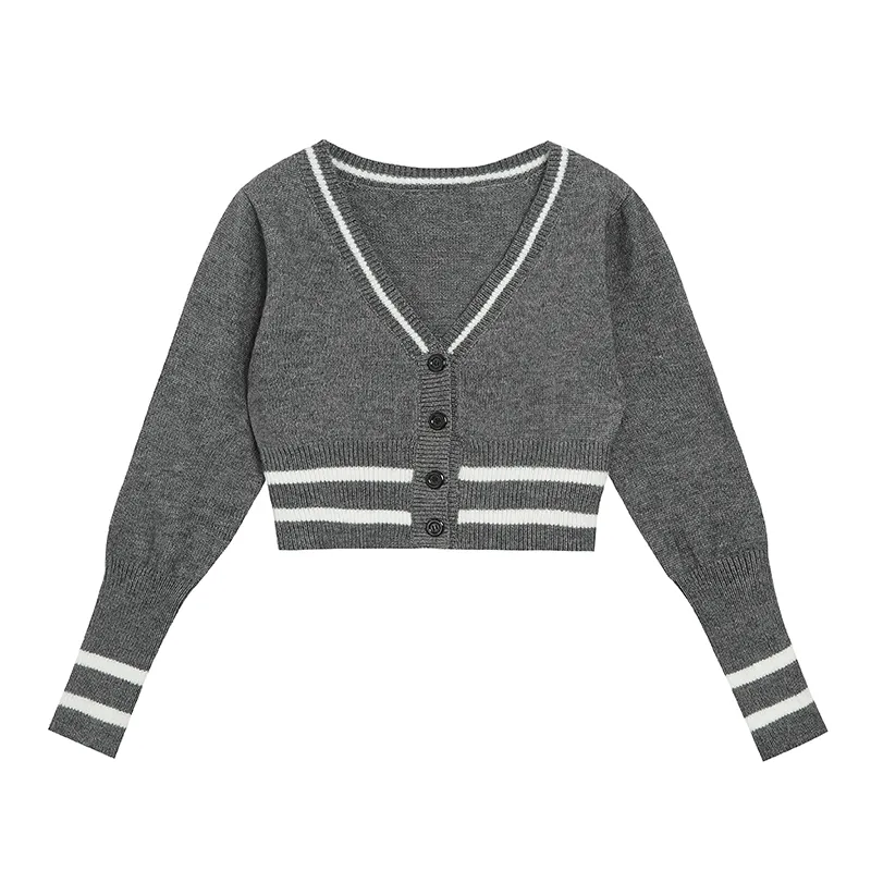 Grey Simple V-neck Crop Top Cardigan Autumn Winter Women Sweaters Slim Fit Knit Tops Cozy Sweater