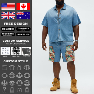 KINGSEN High Quality Men's 100% Cotton Washed Denim <b>Shirt</b> Tiger Floral Jacquard <b>Patchwork</b> Boxy Fit Short Sleeve Casual Top - Product Image 2