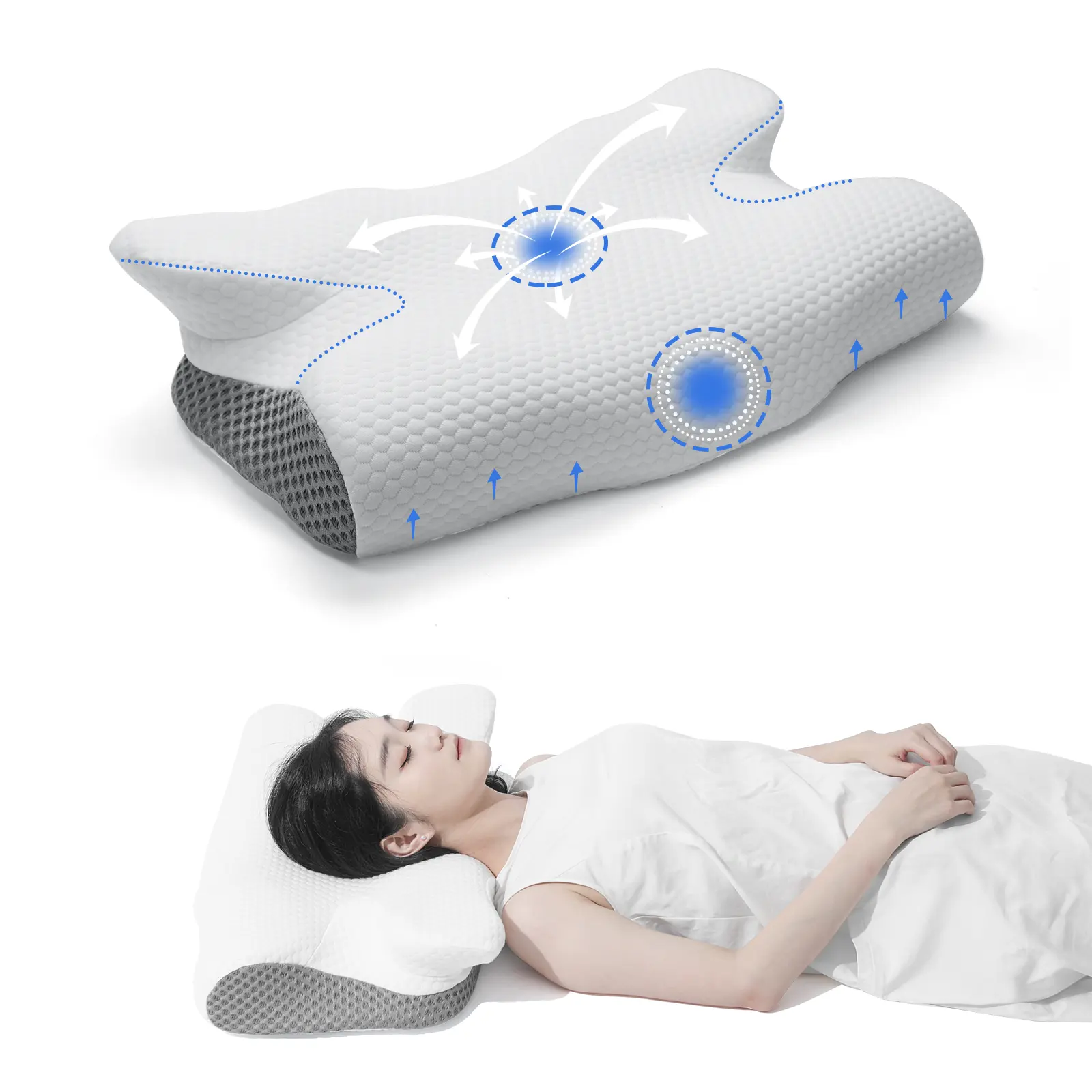 Almohada de cuerno en forma para dormir de lado, almohada de presión cero, almohada de algodón con memoria, soporte para el cuello de rebote lento, almohada para dormir