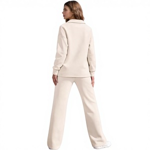 Lässiger Strickanzug 2026 Frühling Herbst Mode Freizeit Sportanzug 2-teilig Langarm V-Ausschnitt Sweatshirt Weites Bein Locker Einfarbig - Product Image 2