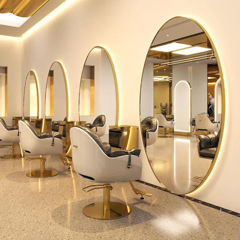 Estación de espejo de salón de longitud completa 2024, muebles de peluquería, estación de barbería, espejo de estilo, espejo de Salón Dorado con luz