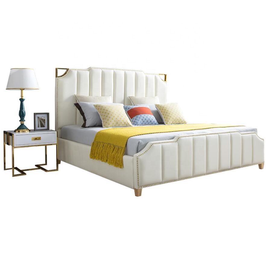 Fashion Style Bed With Leather Backrest Solid Wood Frame Bed For Bedroom
