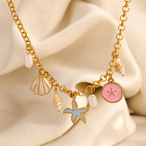 Collier en acier inoxydable avec pendentif étoile de mer et coquillage, plaqué or 18 carats, chaîne de clavicule, style vacances à la plage, bijoux superposés - Product Image 4